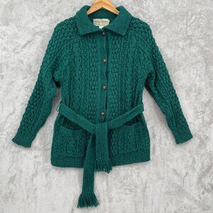 Vintage Donegal Knitwear Ireland Women's 38 Green Wool Belted Cardigan Sweater